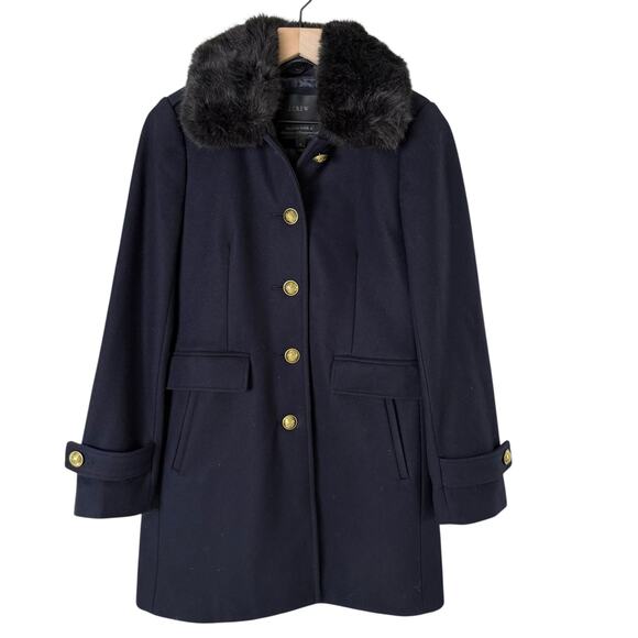 J.Crew Navy Melton Wool Coat Jacket Removable Faux Fur Collar Gold Buttons, Sz 2 - Picture 1 of 16